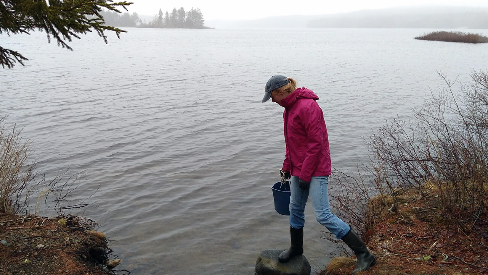 Person sampling water for research