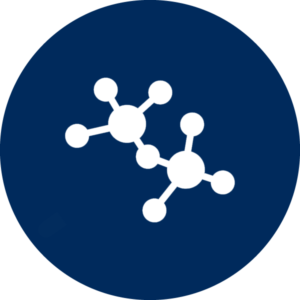 Navy blue circle with a white icon representing a molecule.