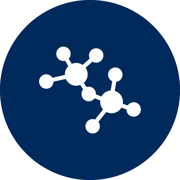 Navy blue circle with a white icon representing a molecule.