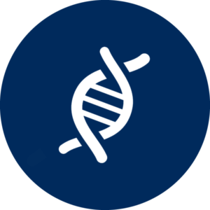 Navy blue circle with a white icon featuring a DNA double helix.