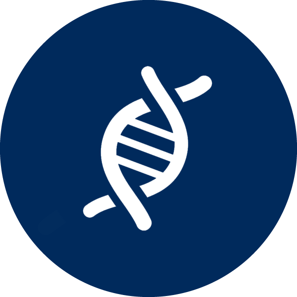 Navy blue circle with a white icon featuring a DNA double helix.