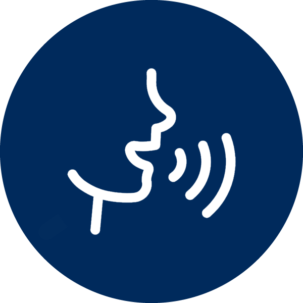 Navy blue circle with a white icon featuring a side profile of the lower half of a person's face speak.