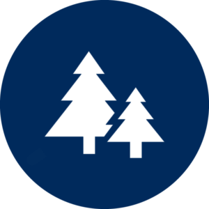 Navy blue circle with a white icon featuring two conifer trees.