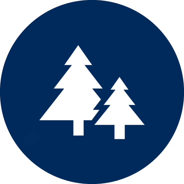 Navy blue circle with a white icon featuring two conifer trees.
