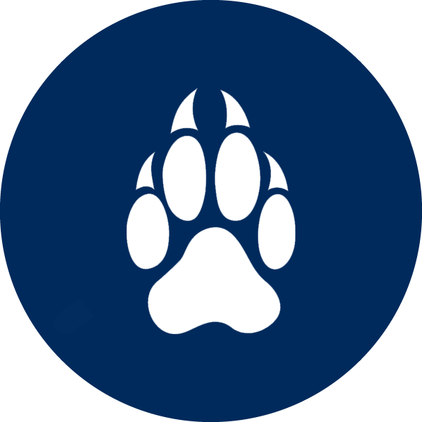 Navy blue circle with a white icon featuring a dog, bear, or wolf's paw.