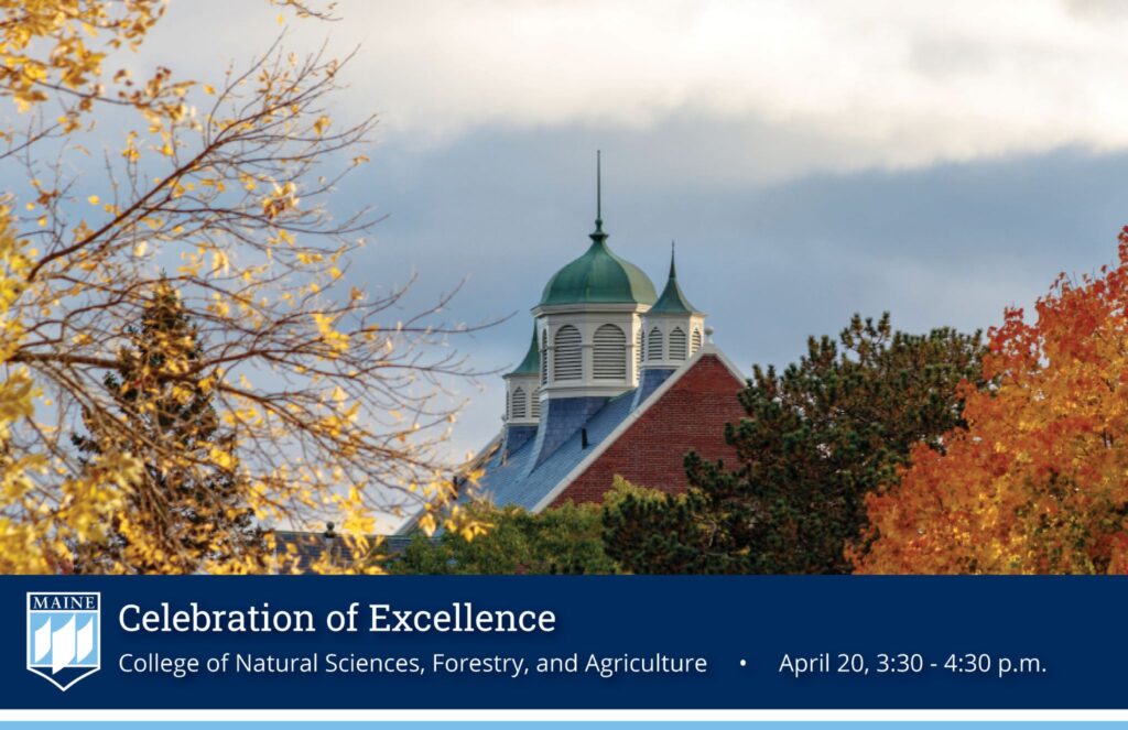 The roofline and spires of Winslow Hall peer over autumn deciduous and evergreen tree tops. The sky in the background is cloudy. A footer bar says, “Celebration of Excellence. College of Natural Sciences, Forestry, and Agriculture. April 20, 3:30 - 4:30 p.m.”