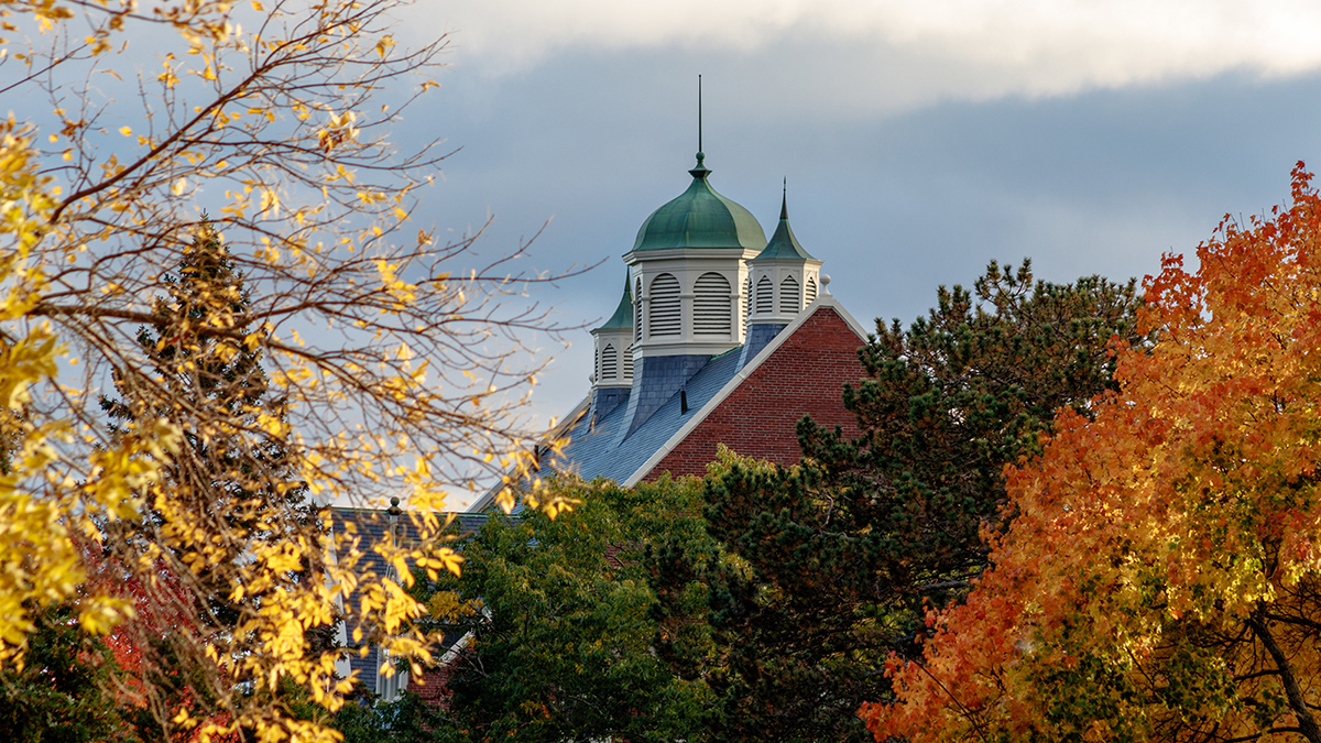 The roofline and spires of Winslow Hall peer over autumn deciduous and evergreen tree tops. The sky in the background is cloudy.