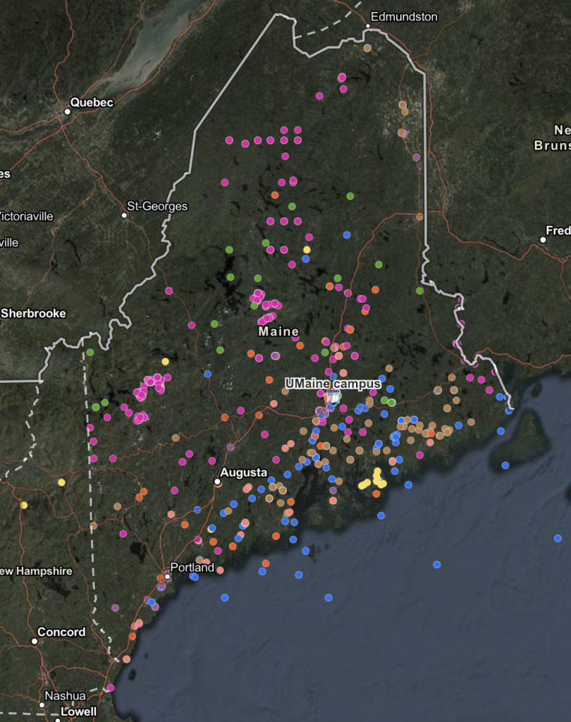 A aerial photo of Maine with dots representing research locations.