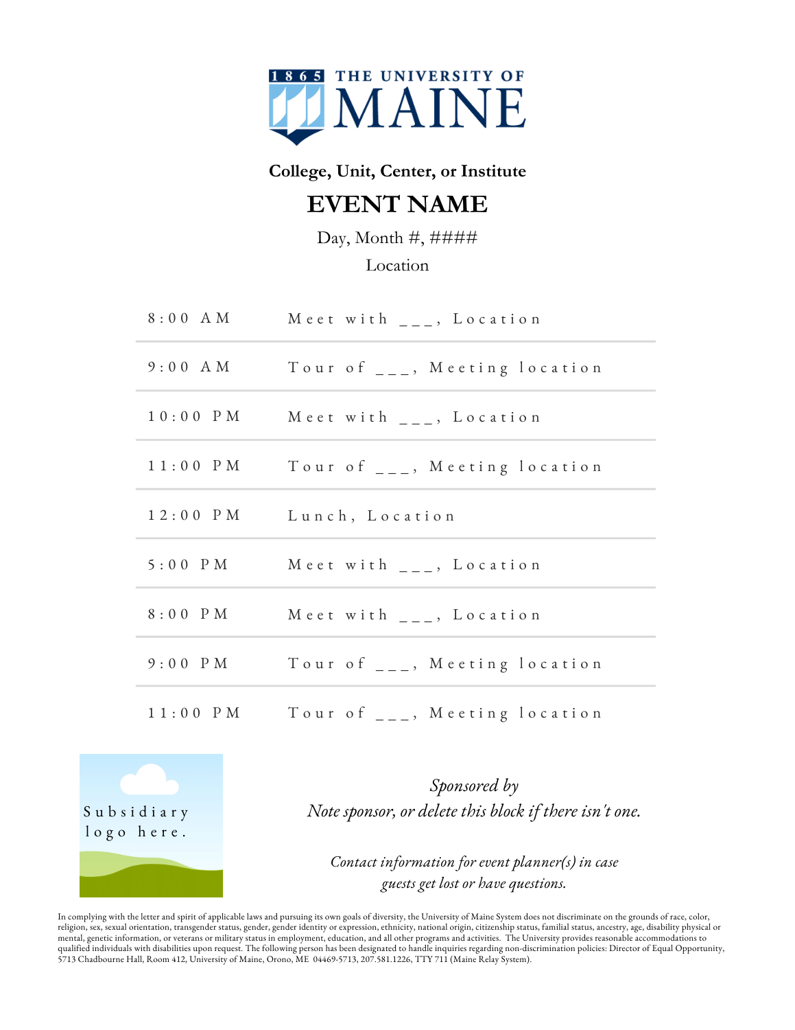 Image of event itinerary template with subsidiary logo