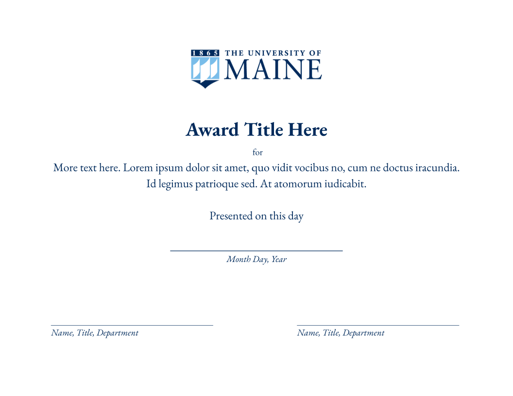 A University of Maine award certificate template
