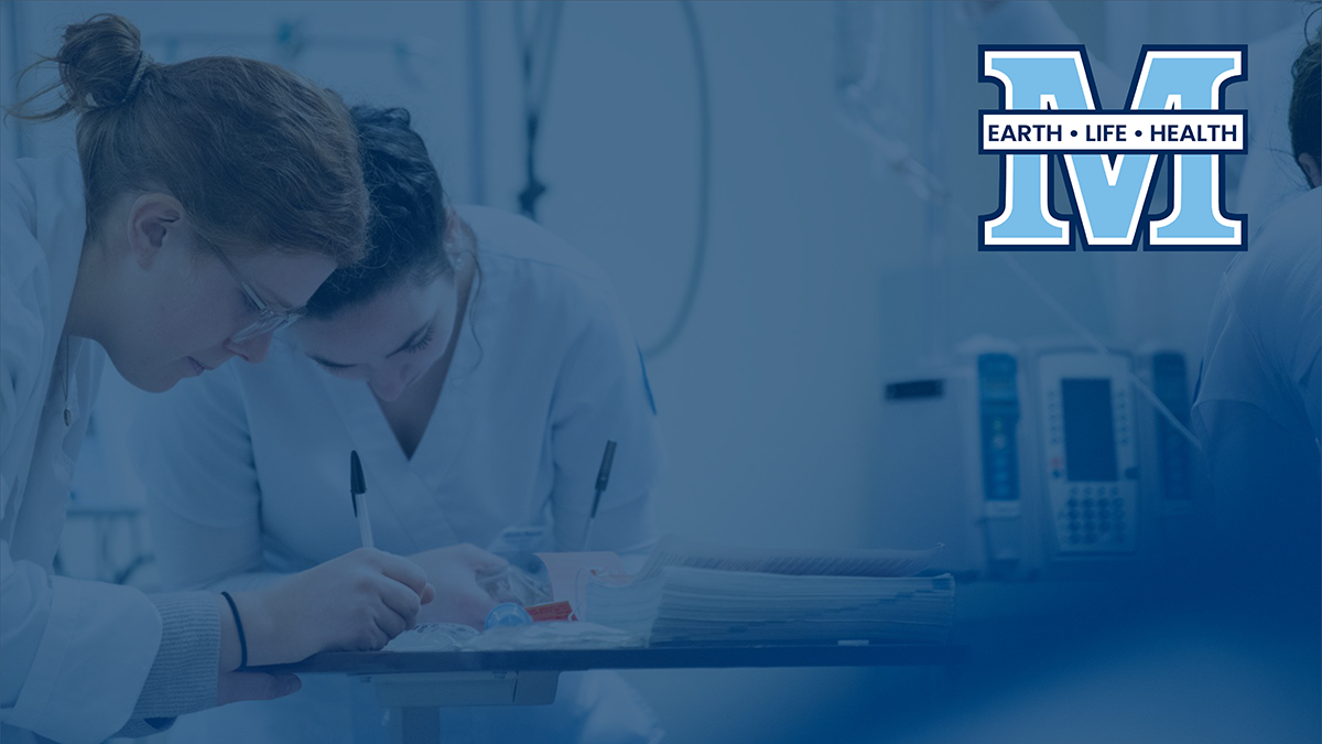 Zoom background featuring a photo of two nursing students with a transparent blue overlay and the UMaine M logo with the words earth life health
