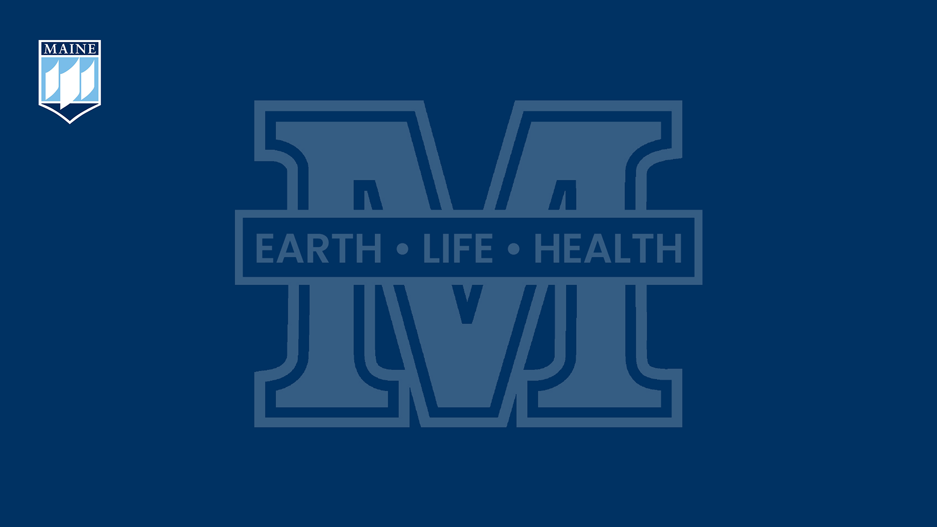 A navy blue zoom background with the UMaine crest and a transparent M logo with the words :Earth life health"