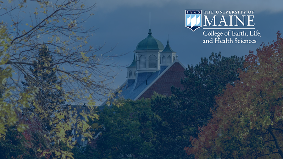 A photo of Winslow Hall's roofline in the fall with the logo for UMaine's College of Earth, Life, and Health Sciences
