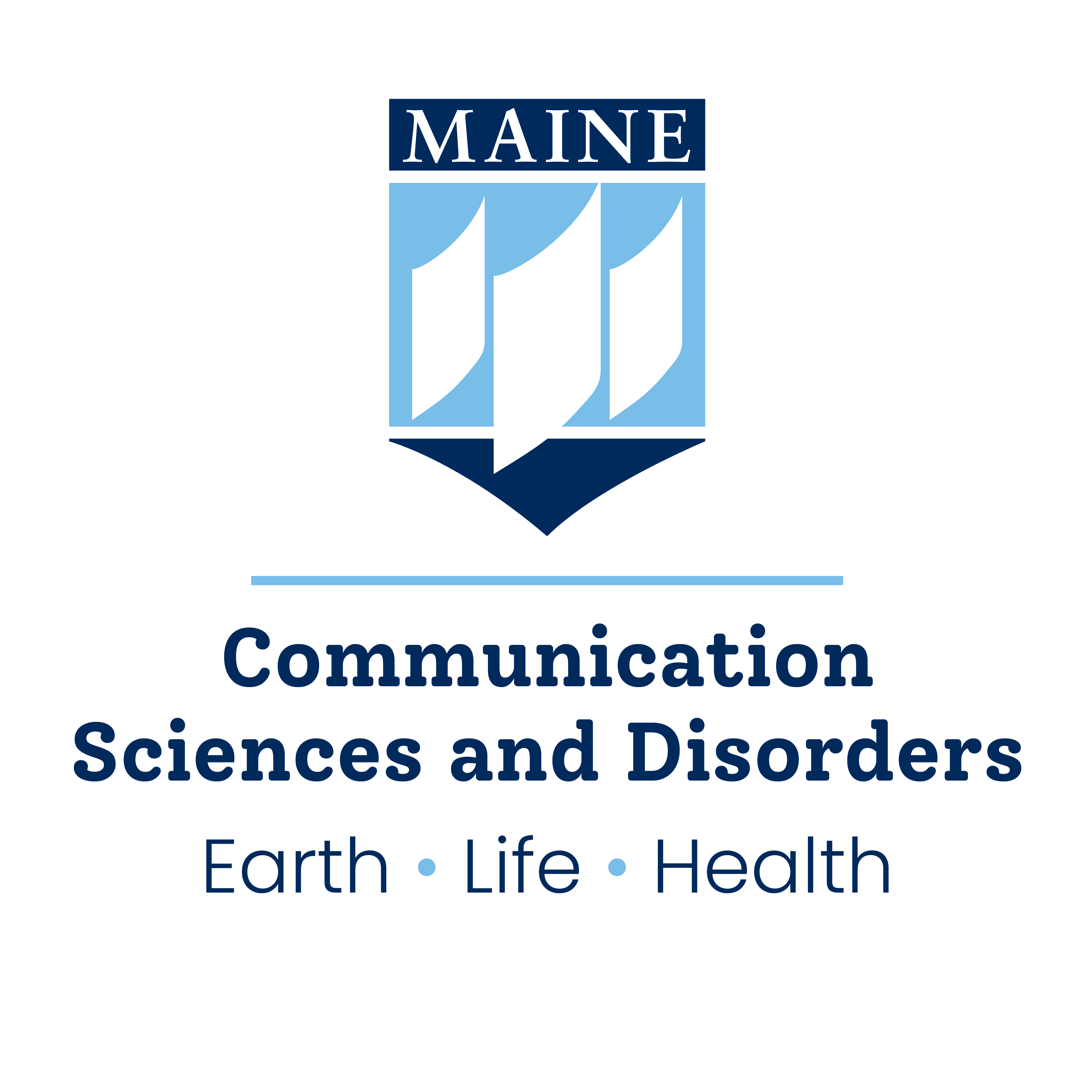 UMaine crest, communication sciences and disorders, earth • life • health