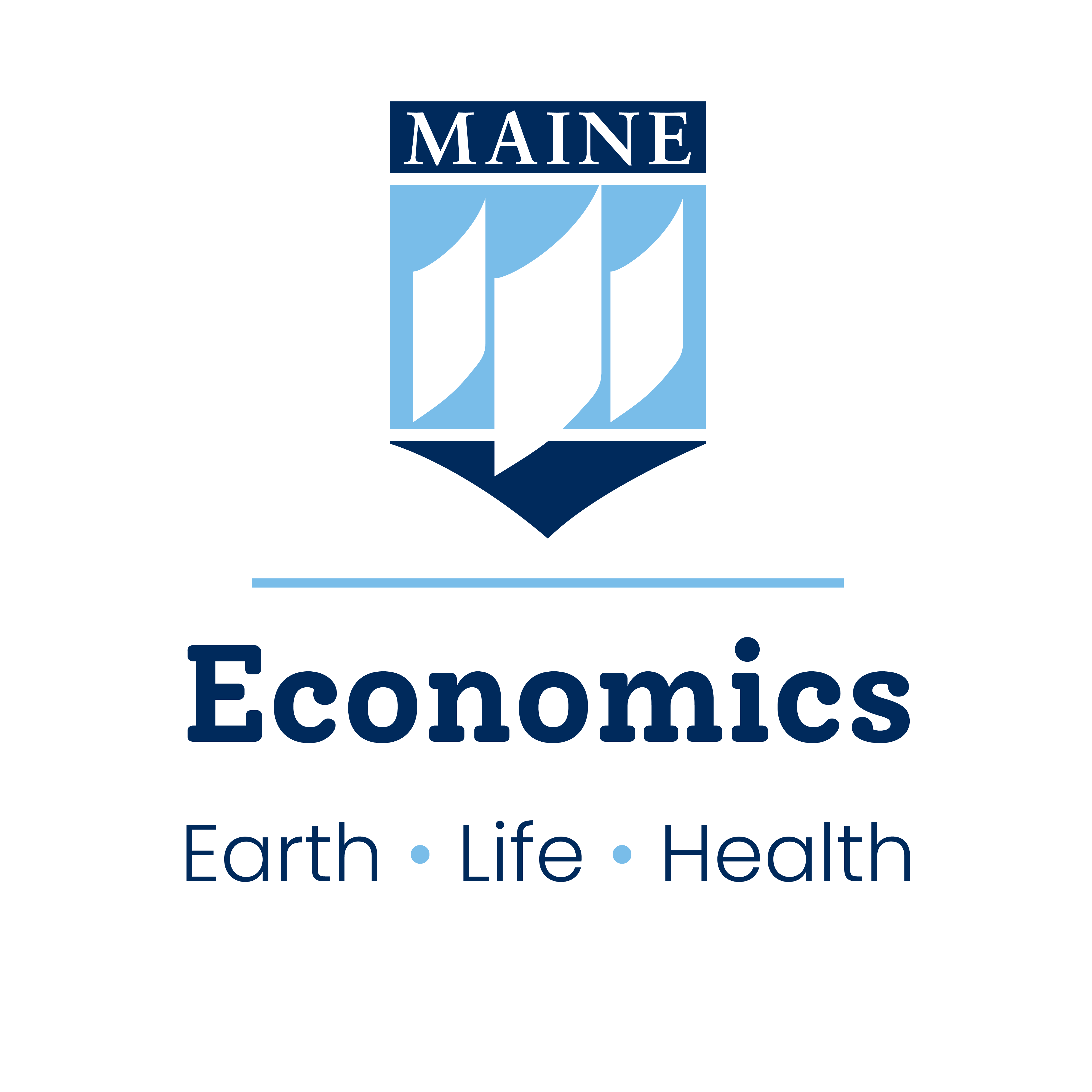 UMaine crest, economics, earth • life • health