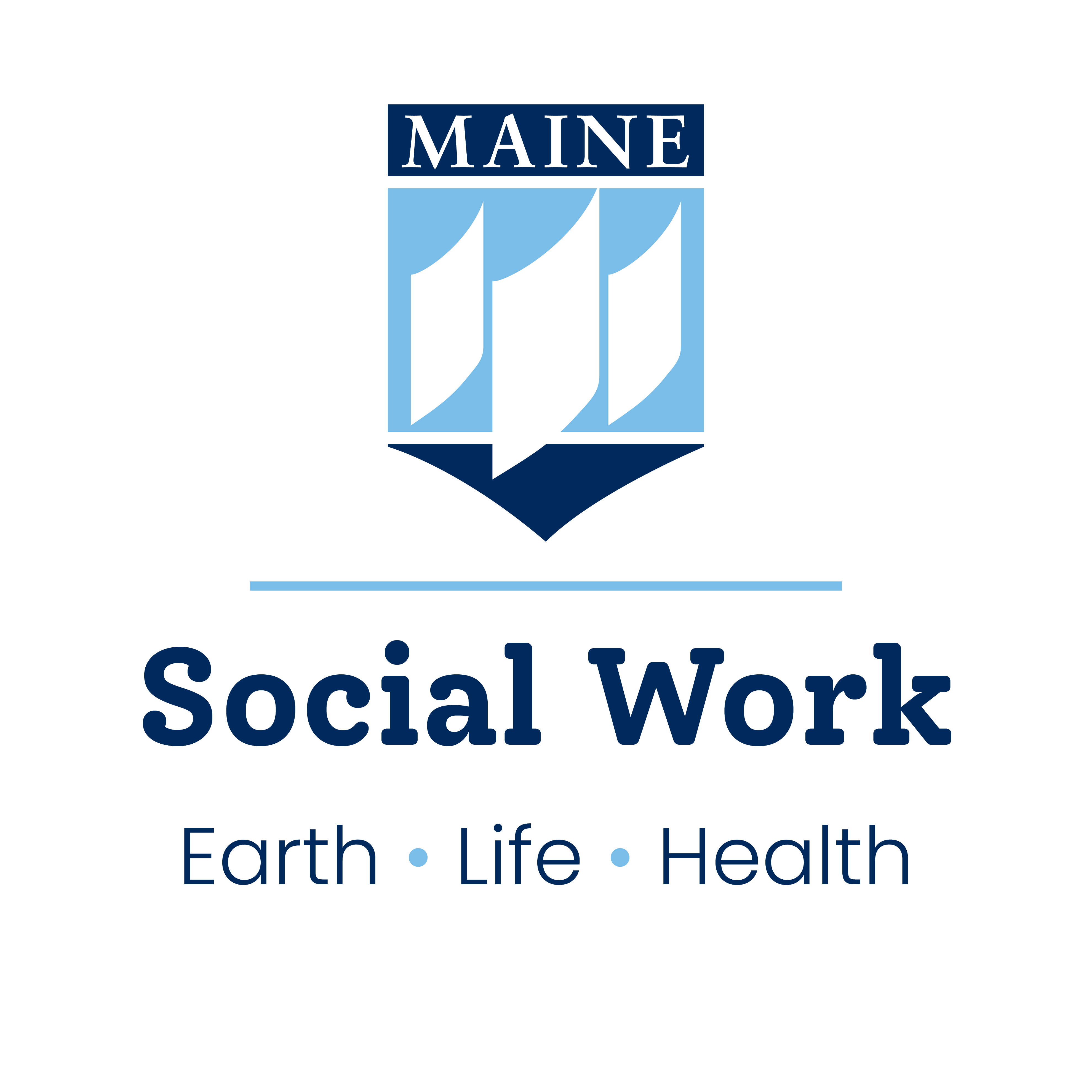 UMaine crest, social work, earth • life • health