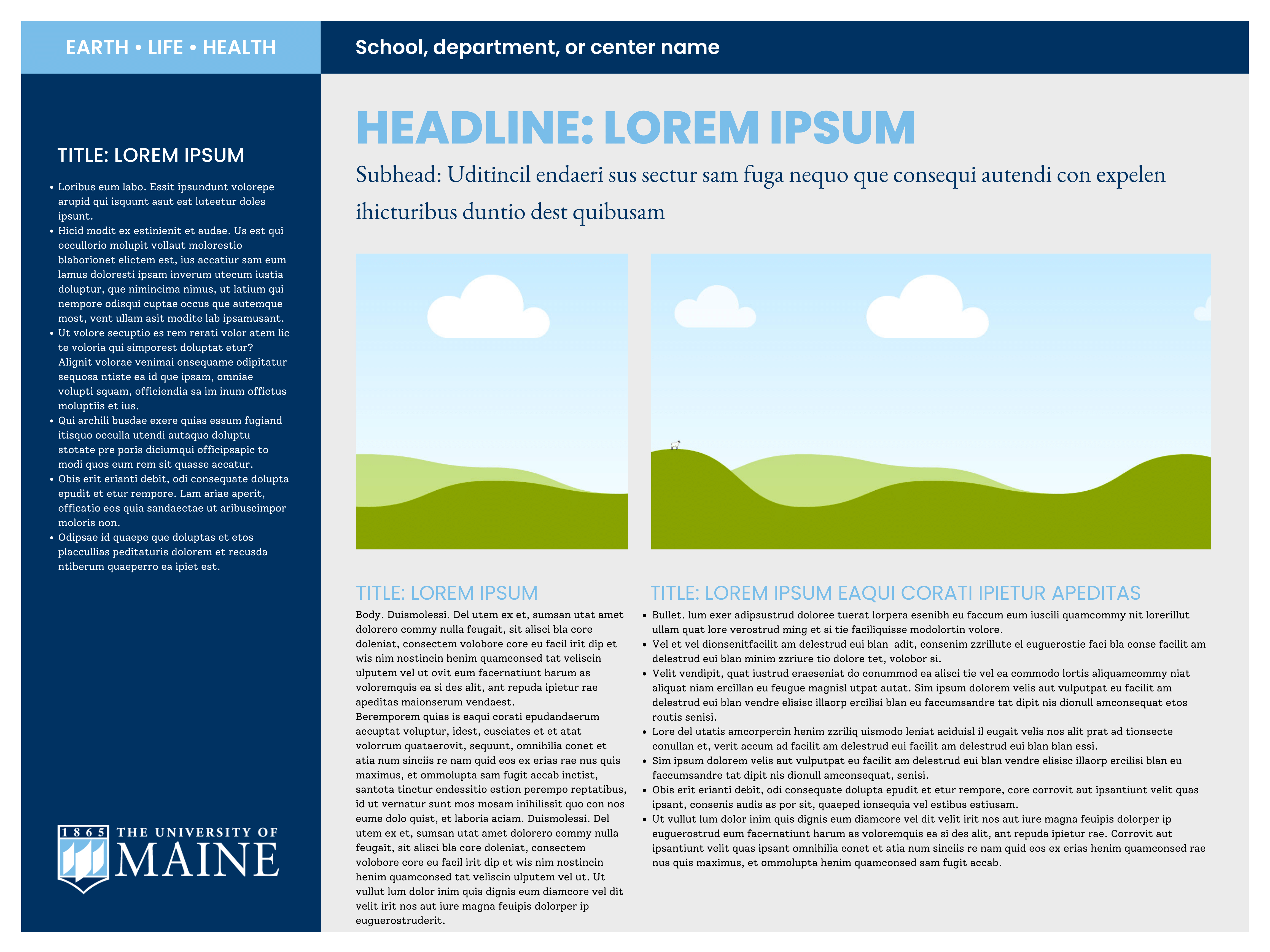A research poster template with three columns and in a dark and light blue color palette.