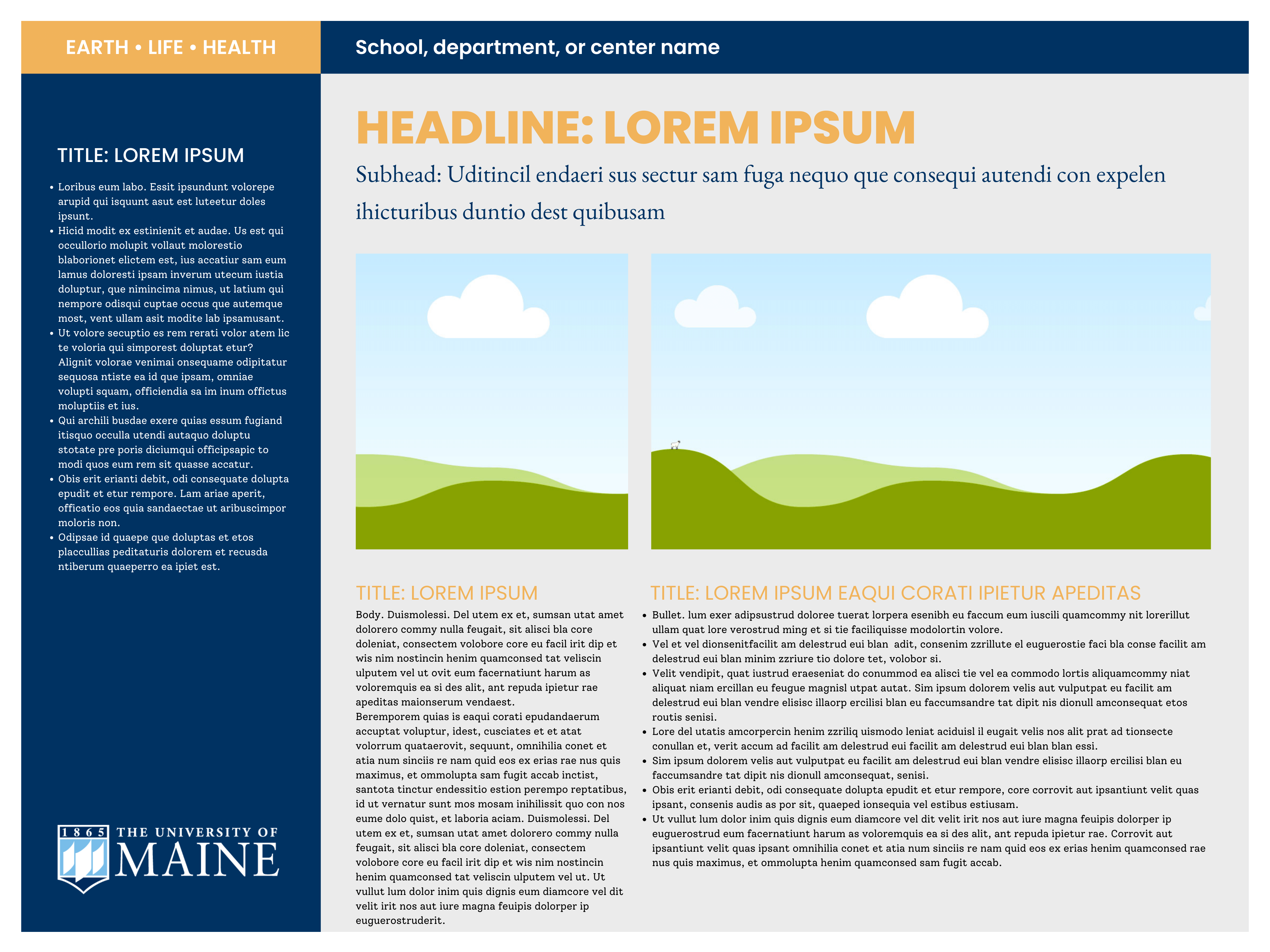 A research poster template with three columns and in a blue and gold color palette.