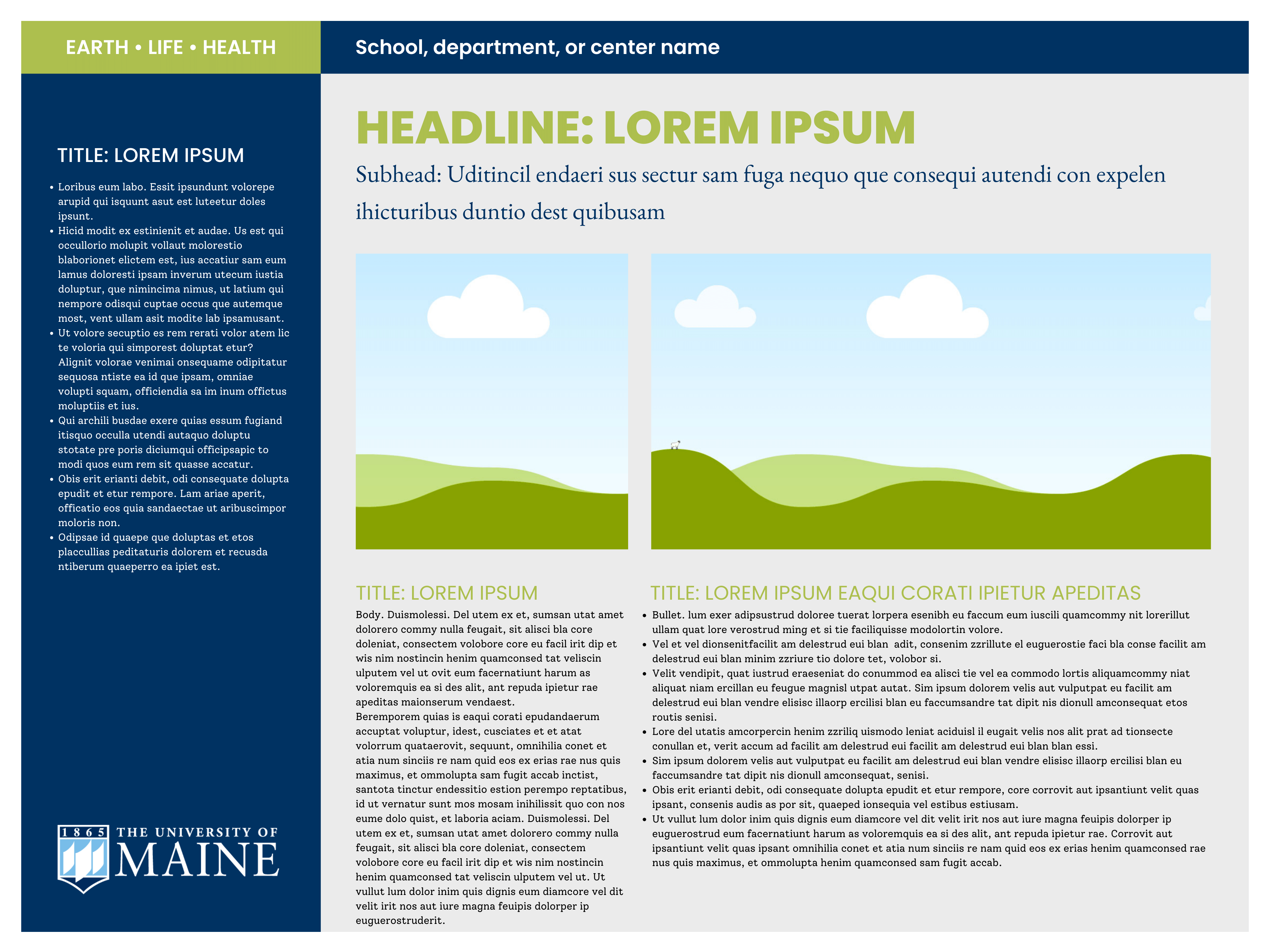 A research poster template with three columns and in a blue and green color palette.