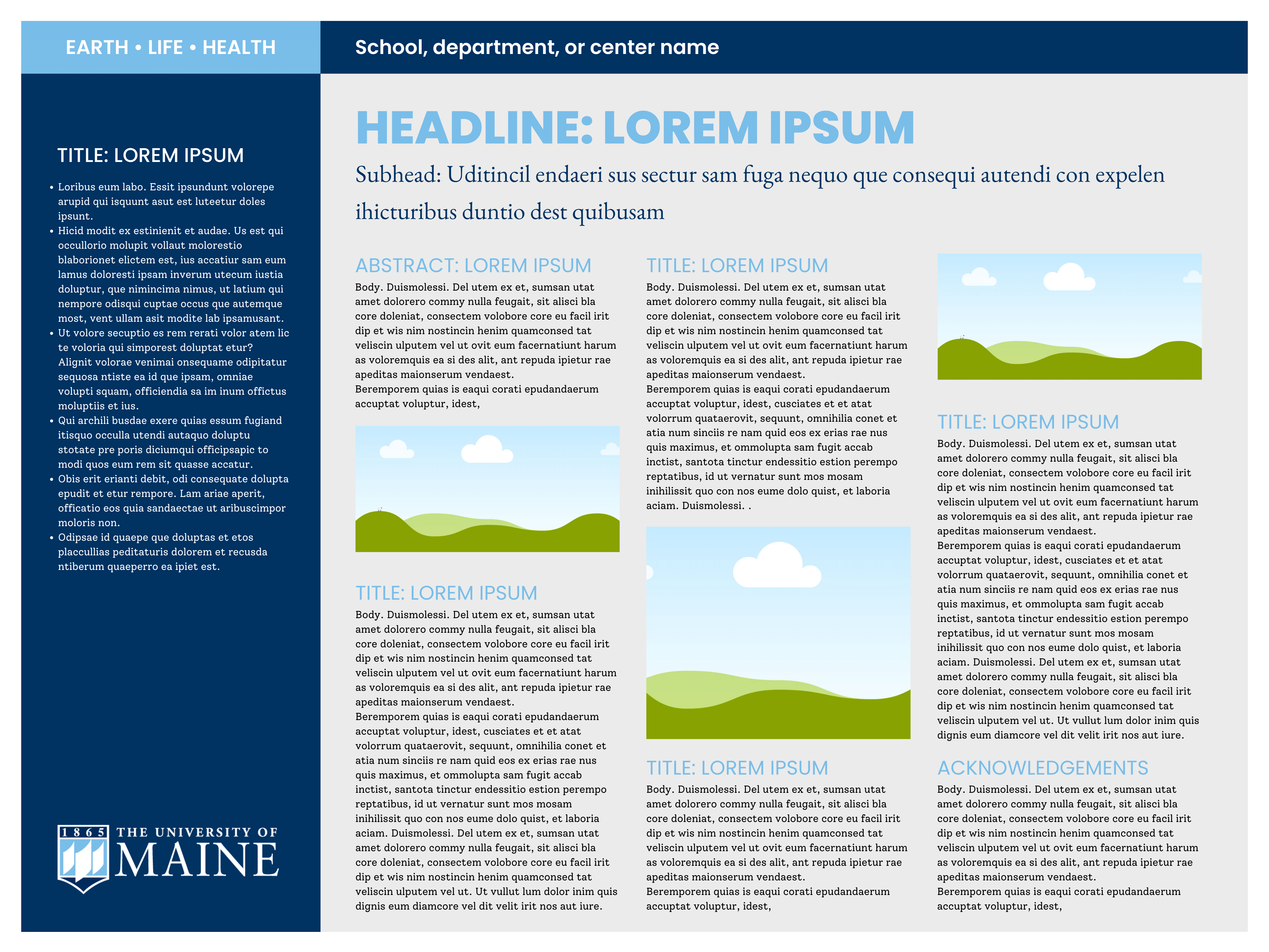 A research poster template with four columns and in a dark and light blue color palette.