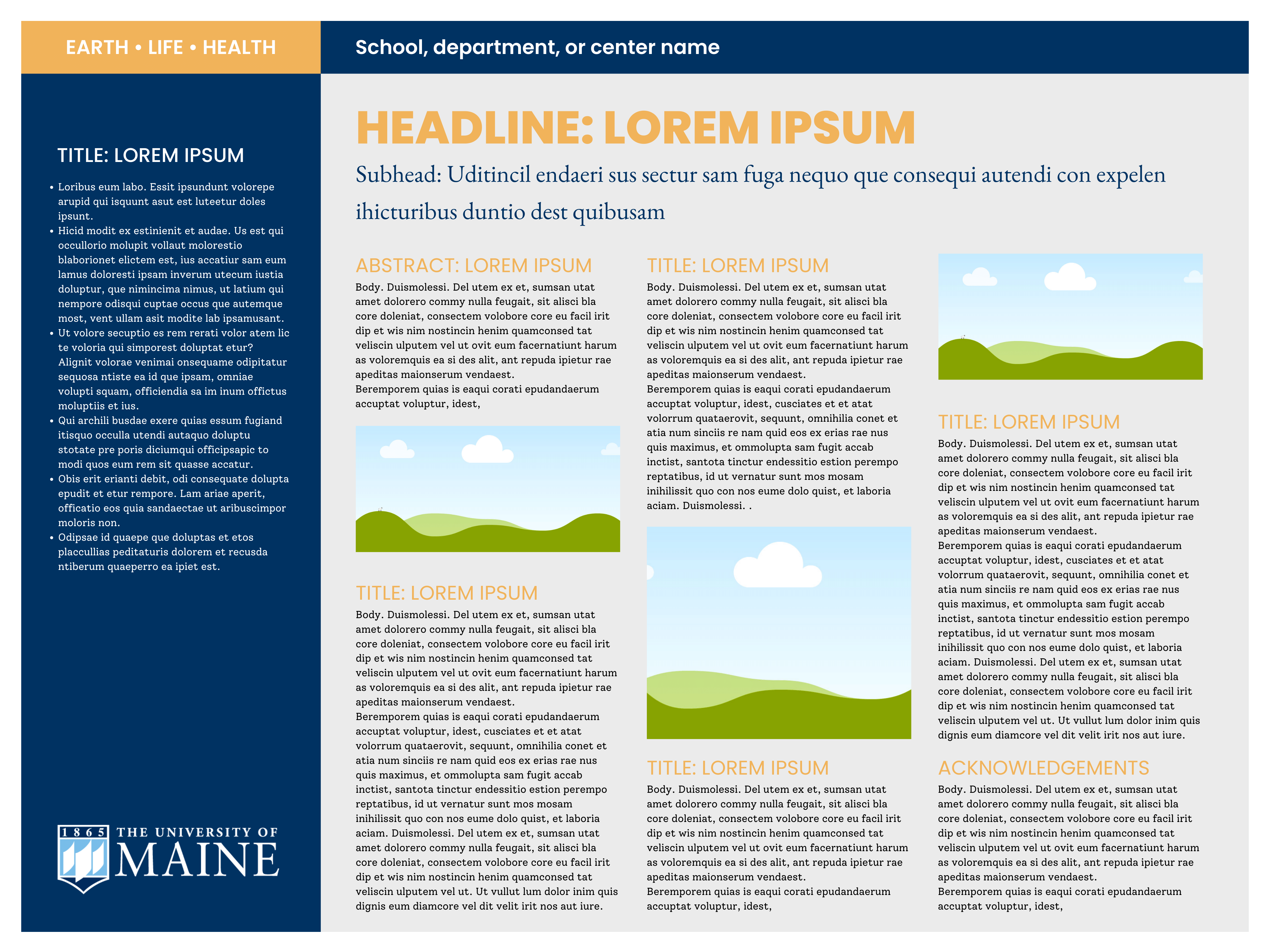 A research poster template with four columns and in a blue and gold color palette.