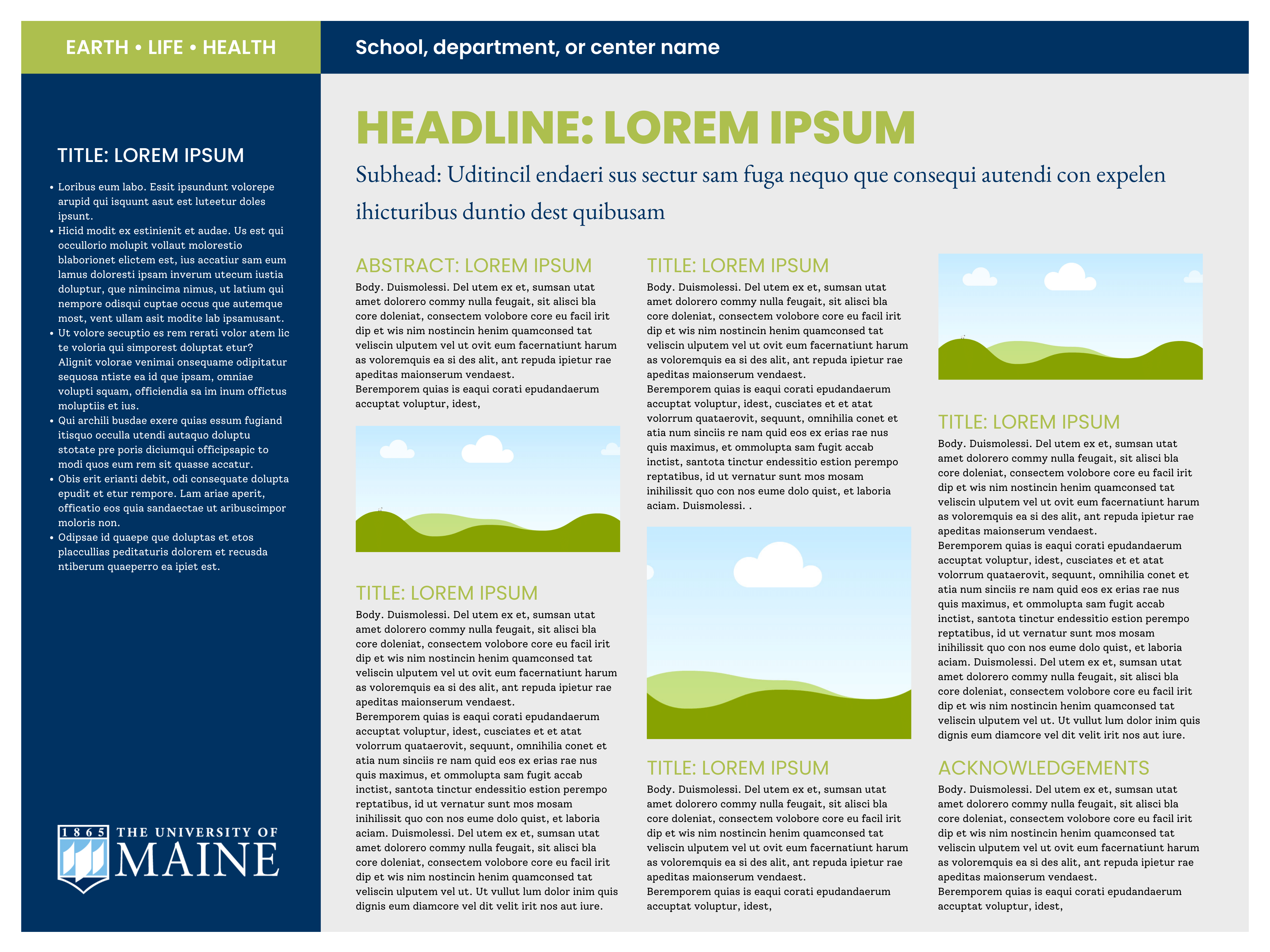 A research poster template with four columns and in a blue and green color palette.